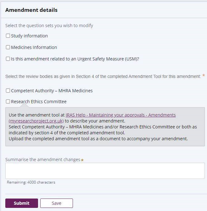 Screenshot showing a box containing Amendment Details.